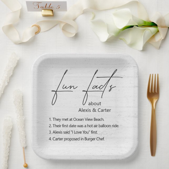 Wedding Fun Facts On White Washed Wood Paper Plates (Wedding)