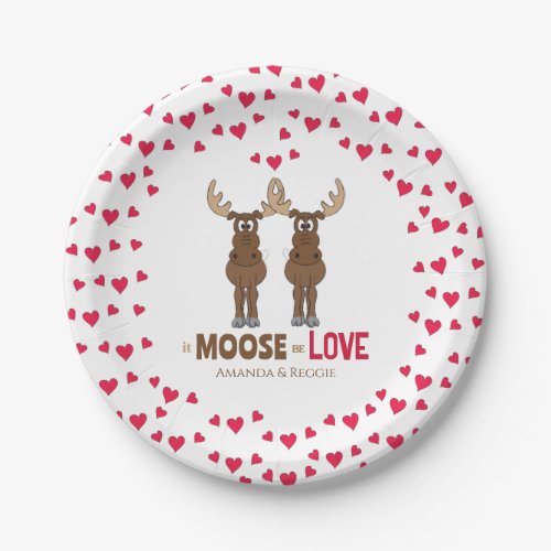 Wedding Funny Moose Red Hearts Whimsical Paper Plates