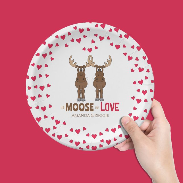 Wedding Funny Moose Red Hearts Whimsical Paper Plates (Cute anniversary custom paper plate.)