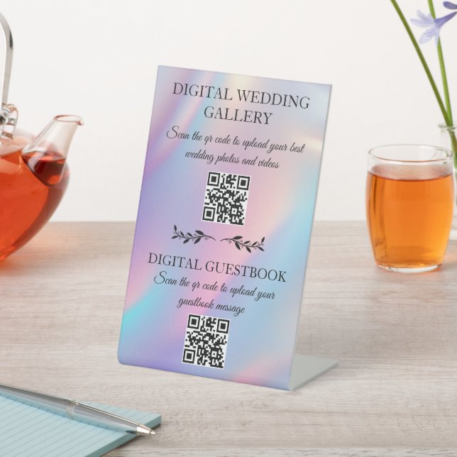 wedding gallery & guestbook qr code holographic pedestal sign (In SItu)