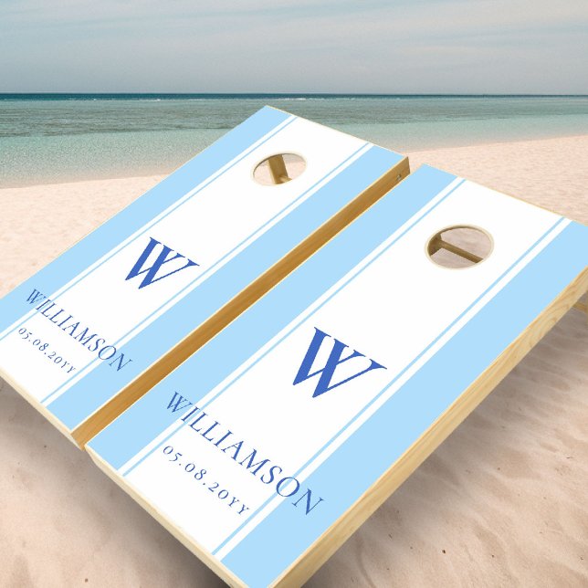 Wedding Games Beach Ocean Coastal Blue Cornhole (wedding cornhole boards monogram blue stripes ocean nautical beach seaside waterfront elegant)