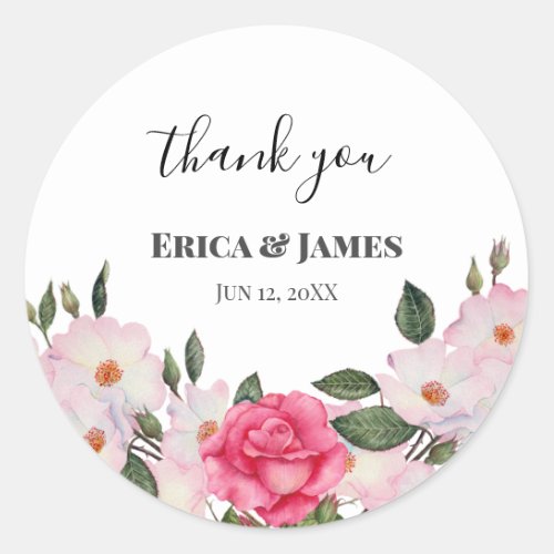 Wedding Gentle Pink White Roses Thank You Classic Round Sticker