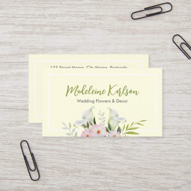Wedding Gentle White Calla Lily Roses Flowers Business Card (Front/Back In Situ)