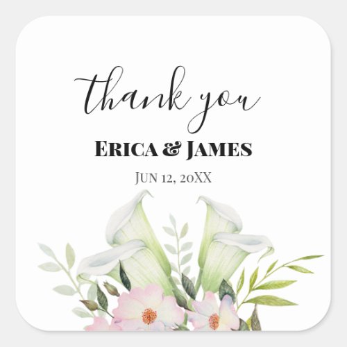 Wedding Gentle White Calla Lily Roses Thank You Square Sticker