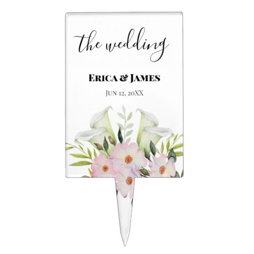 Wedding Gentle White Calla Lily Roses Watercolor Cake Topper
