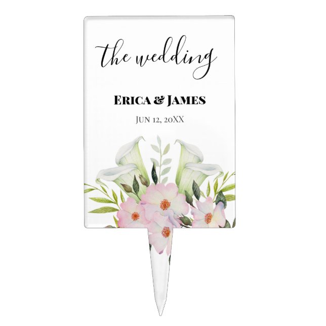 Wedding Gentle White Calla Lily Roses Watercolor Cake Topper (Front)