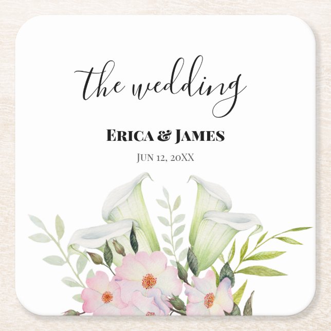 Wedding Gentle White Calla Lily Roses Watercolor Square Paper Coaster (Front)