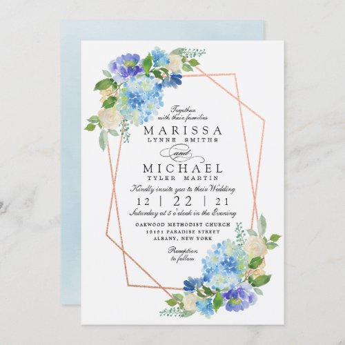 Wedding Geometric Blue Floral Rose Gold Glitter Invitation