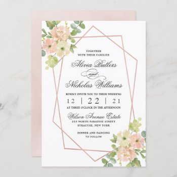Wedding Geometric Rose Gold Foil Pink Floral Invitation by girlygirlgraphics at Zazzle