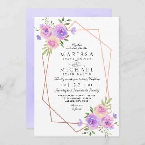 Wedding Geometric Rose Gold Pink Purple Floral Invitation