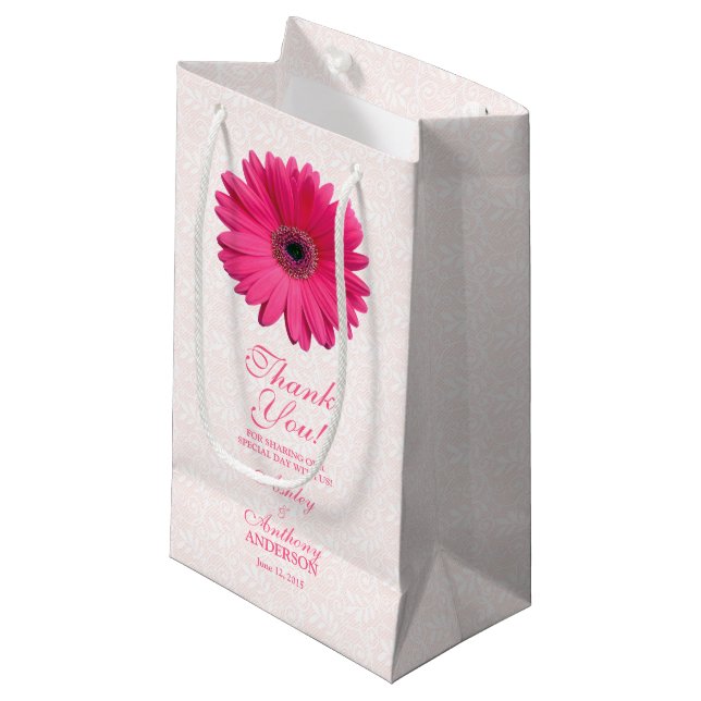 Wedding Gift Bag Pink Gerber Daisy Lace (Front Angled)
