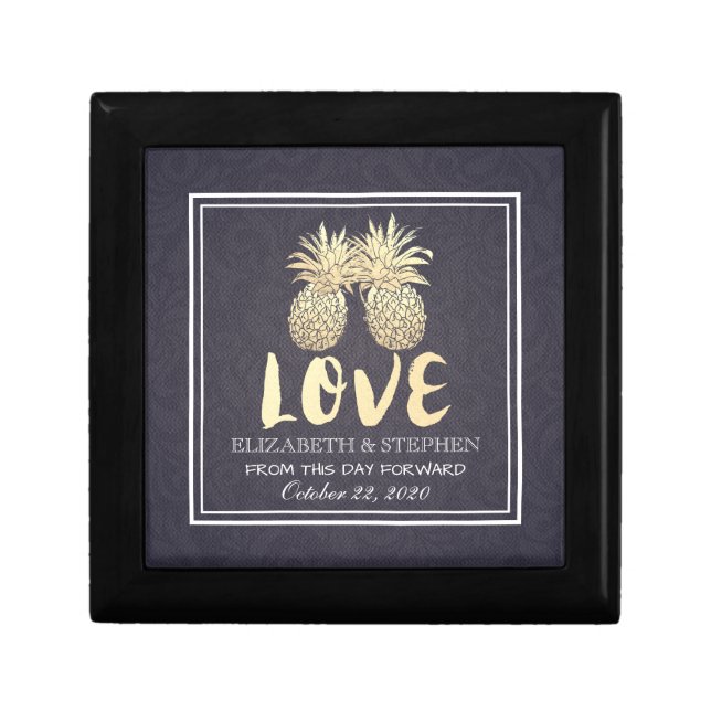 Wedding Gift Chic Gold Pineapple Couple Navy Blue Box (Front)