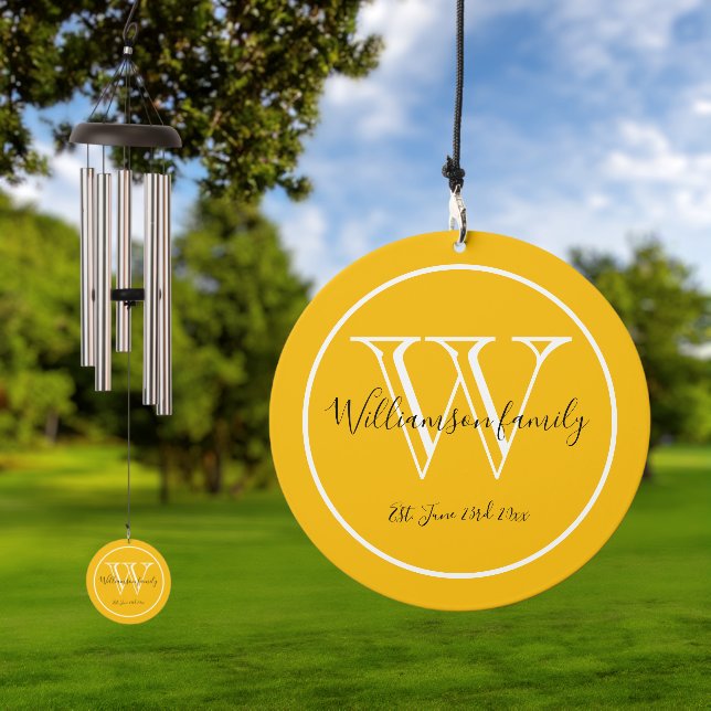 Wedding Gift Family Name Monogram Date Modern Wind Chime (Outdoor)