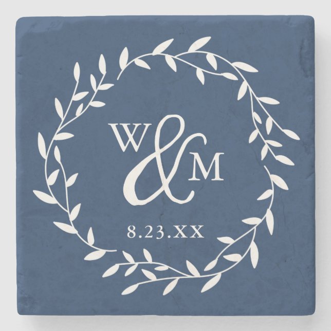 Wedding Gift Keepsake Floral Wreath Monogram Stone Coaster (Front)