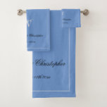 Wedding Gift Modern Monogram Newlyweds Gift Chic  Bath Towel Set<br><div class="desc">Wedding Gift Modern Monogram Initial And Both Names Newlyweds Gift Chic Bath Towel Set. Personalized elegant blue and light grey monogrammed bath towel set. Classic script for the monogrammed last name initial, the names of the bride and groom and the marriage date on a solid beautiful blue background. A lovely...</div>