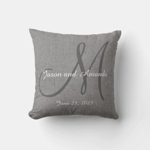 Wedding Gift Monogram Custom Faux Grey Linen Throw Pillow