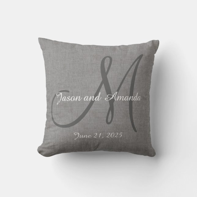Wedding Gift Monogram Custom Faux Grey Linen Throw Pillow (Front)