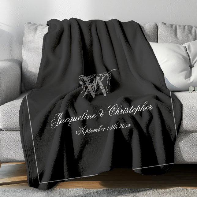 Wedding Gift Newlywed Couple Keepsake Monogram  Fleece Blanket (Elegant gray monogram with white font names and gray border against black background fleece blanket.)