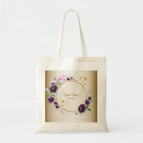 Wedding Gift Party Purple Pink Floral Green Golden Tote Bag