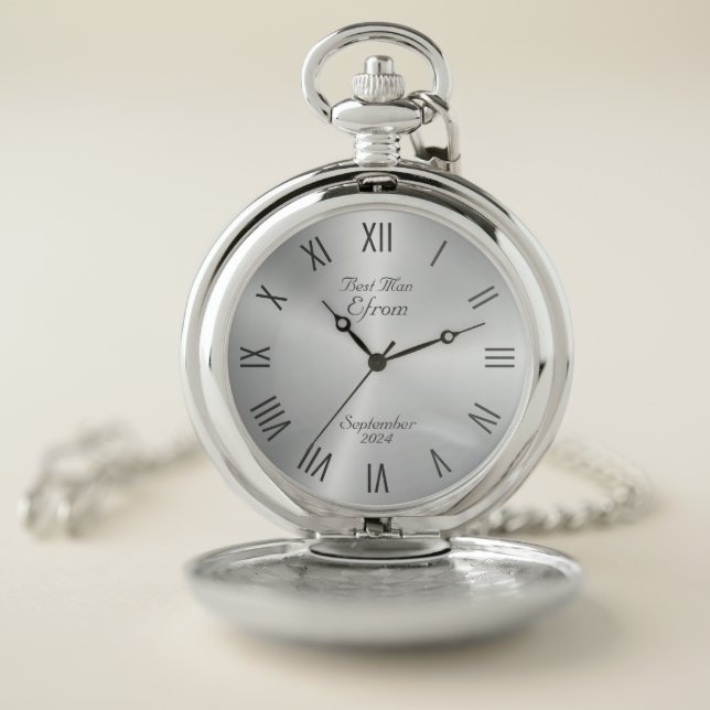Wedding Gift Roman Numerals Metallic Silver Pocket Watch (Inside)