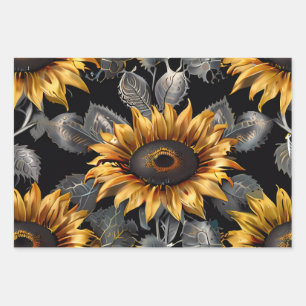 Wedding Gift Silver & Gold Sunflower  Wrapping Paper Sheets