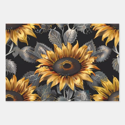 Wedding Gift Silver  Gold Sunflower  Wrapping Paper Sheets
