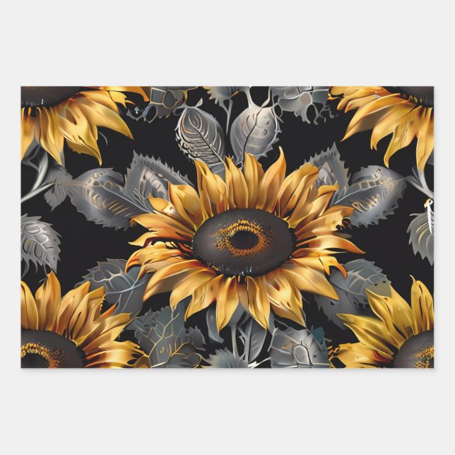 Wedding Gift Silver & Gold Sunflower  Wrapping Paper Sheets (Front)