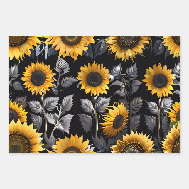 Wedding Gift Silver & Gold Sunflower Wrapping Paper Sheets (Front)