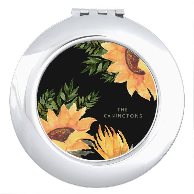 Wedding Gift Sunflowers & Foliage Black Name Round Compact Mirror (Front)