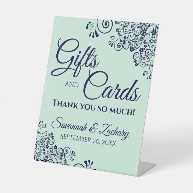 Wedding Gifts & Cards Lacy Mint Green & Navy Blue Pedestal Sign (Front)