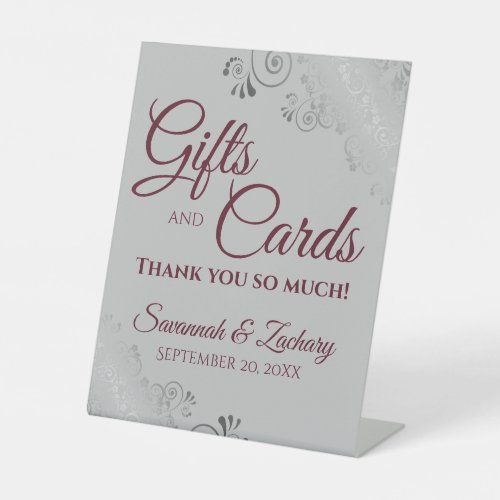 Wedding Gifts  Cards Lacy Silver Burgundy on Gray Pedestal Sign