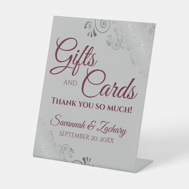 Wedding Gifts & Cards Lacy Silver Burgundy on Gray Pedestal Sign (Front)