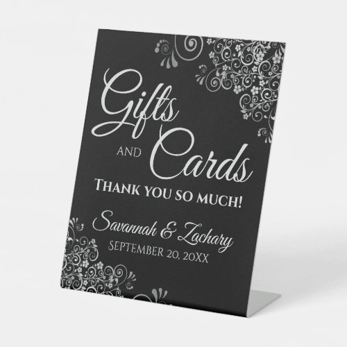 Wedding Gifts  Cards Lacy Silver Frills on Black Pedestal Sign