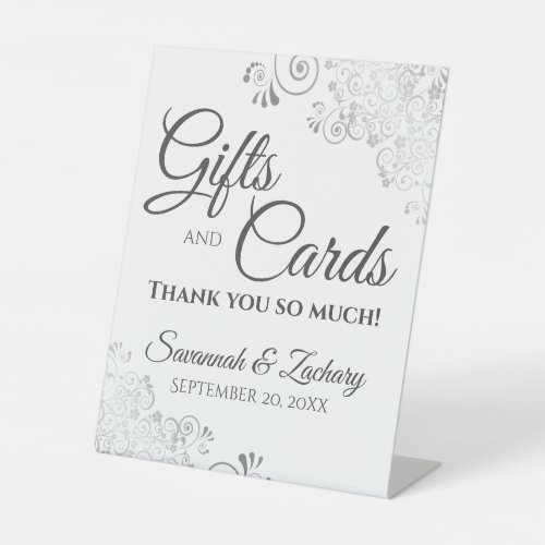 Wedding Gifts  Cards Lacy Silver Gray on White Pedestal Sign