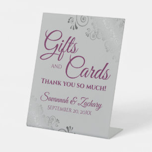 Wedding Gifts & Cards Lacy Silver Magenta on Gray Pedestal Sign