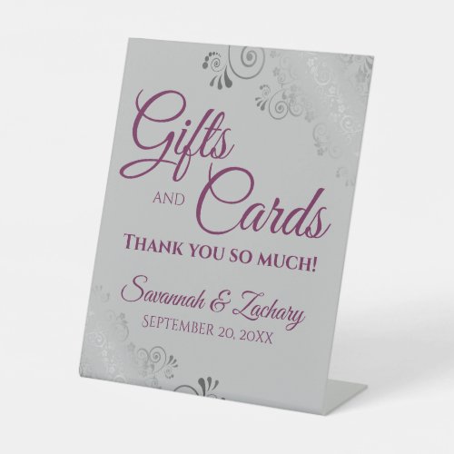 Wedding Gifts  Cards Lacy Silver Magenta on Gray Pedestal Sign