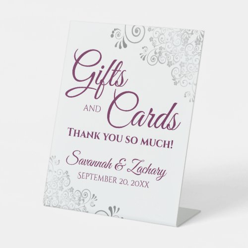 Wedding Gifts  Cards Lacy Silver Magenta on White Pedestal Sign