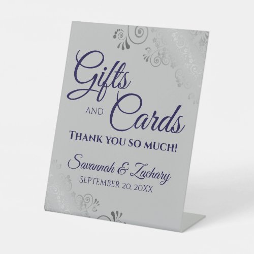 Wedding Gifts  Cards Lacy Silver Navy Blue  Gray Pedestal Sign