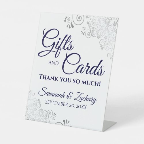 Wedding Gifts  Cards Lacy Silver Navy on White Pedestal Sign