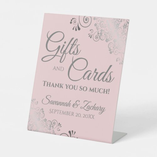 Wedding Gifts  Cards Lacy Silver on Blush Pink Pedestal Sign