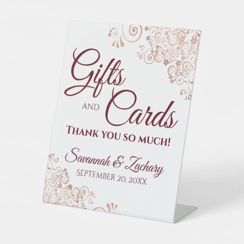 Wedding Gifts  Cards Rose Gold Frills  Burgundy Pedestal Sign