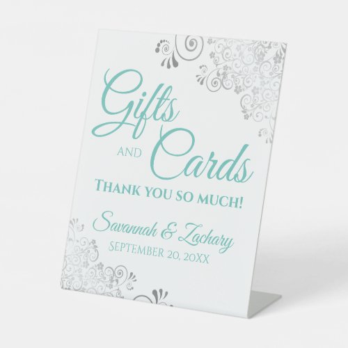 Wedding Gifts  Cards Silver Frills  Aqua Teal Pedestal Sign