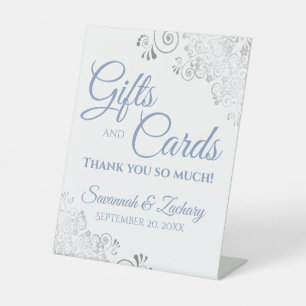 Wedding Gifts & Cards Silver Frills & Dusty Blue Pedestal Sign