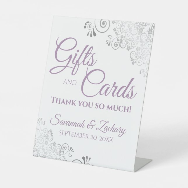 Wedding Gifts & Cards Silver Frills Lavender White Pedestal Sign (Front)