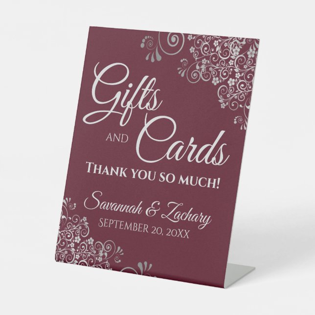 Wedding Gifts & Cards Silver Frills on Burgundy Pedestal Sign (Front)