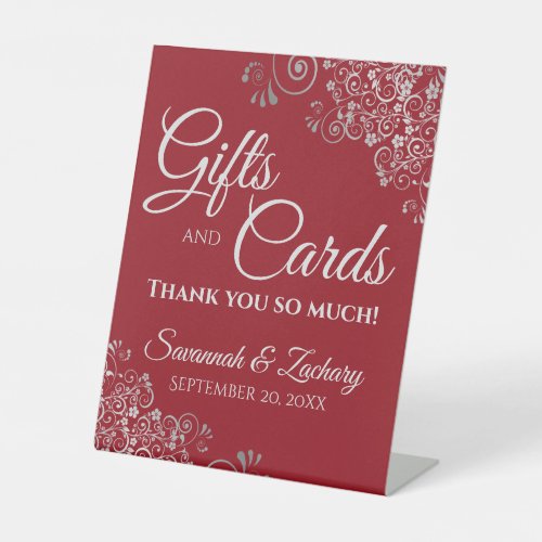 Wedding Gifts  Cards Silver Frills on Crimson Red Pedestal Sign
