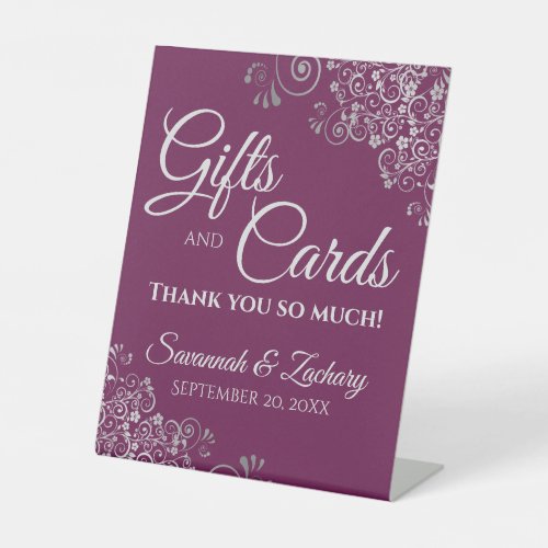 Wedding Gifts  Cards Silver Frills on Magenta Pedestal Sign