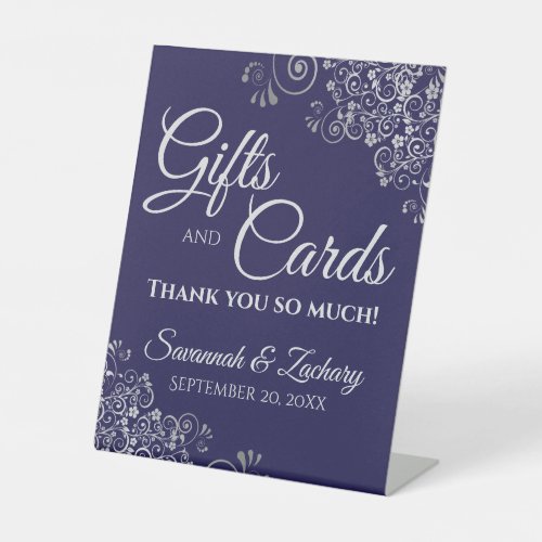 Wedding Gifts  Cards Silver Frills on Navy Blue Pedestal Sign