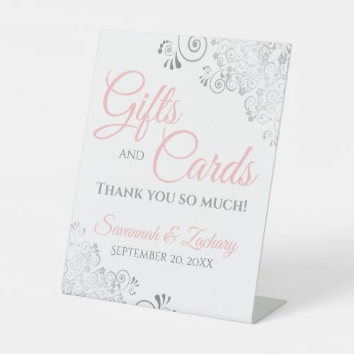 Wedding Gifts  Cards Silver Frills Pink on White Pedestal Sign