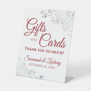 Wedding Gifts & Cards Silver Frills Red on White Pedestal Sign